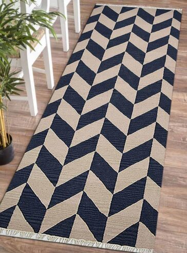 UBSD00133H0331G84 3 x 13 ft. Hand Woven Flat Weave Kilim Wool Contemporary Runner Rug, Blue & White