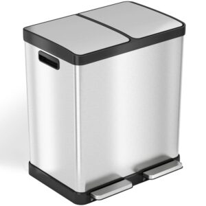 iTouchless SoftStep 16 Gal. Stainless Steel Step Trash Can & Recycle Bin Combo Unit with Odor Filters & Inner Buckets for Kitchen, Silver