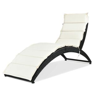 WELLFOR Folding Wicker Outdoor Chaise Lounge Ergonomic Design with Beige Removable Cushions
