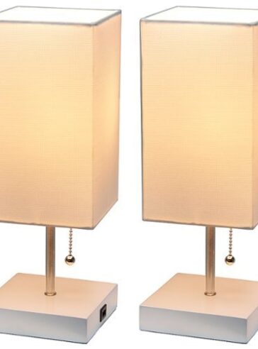 Simple Designs - Petite White Stick Lamp with USB Charging Port and Fabric Shade 2 Pack Set - White base/White shade