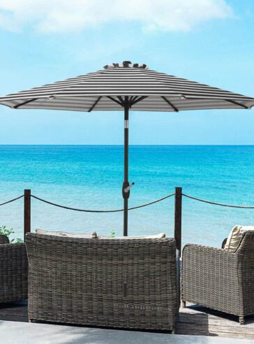 Tristen 9 ft. Aluminum Tilt Patio Umbrella in Black and White Stripe