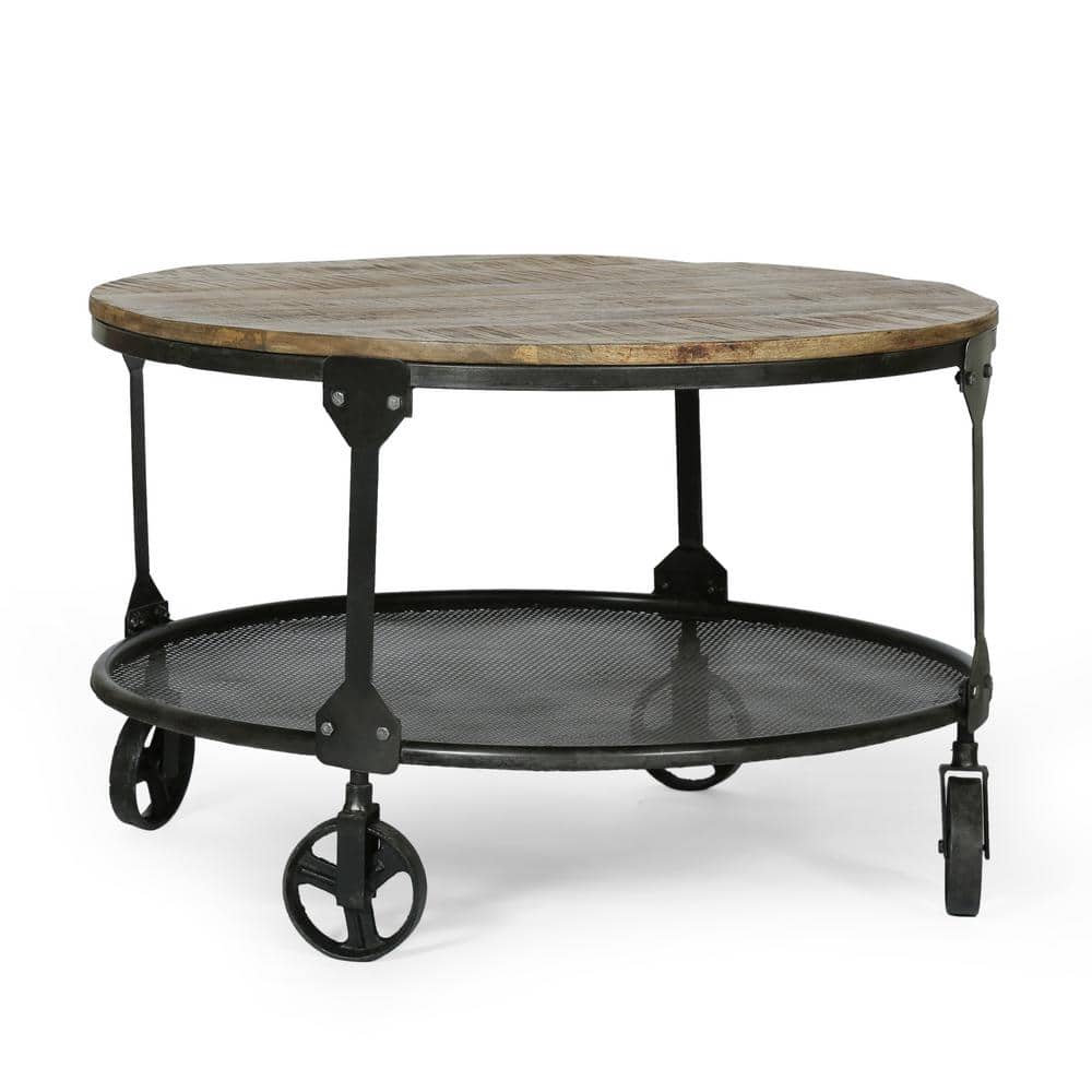Noble House Jason 31 .75 in. Round Wood Natural and Black Handcrafted Coffee Table