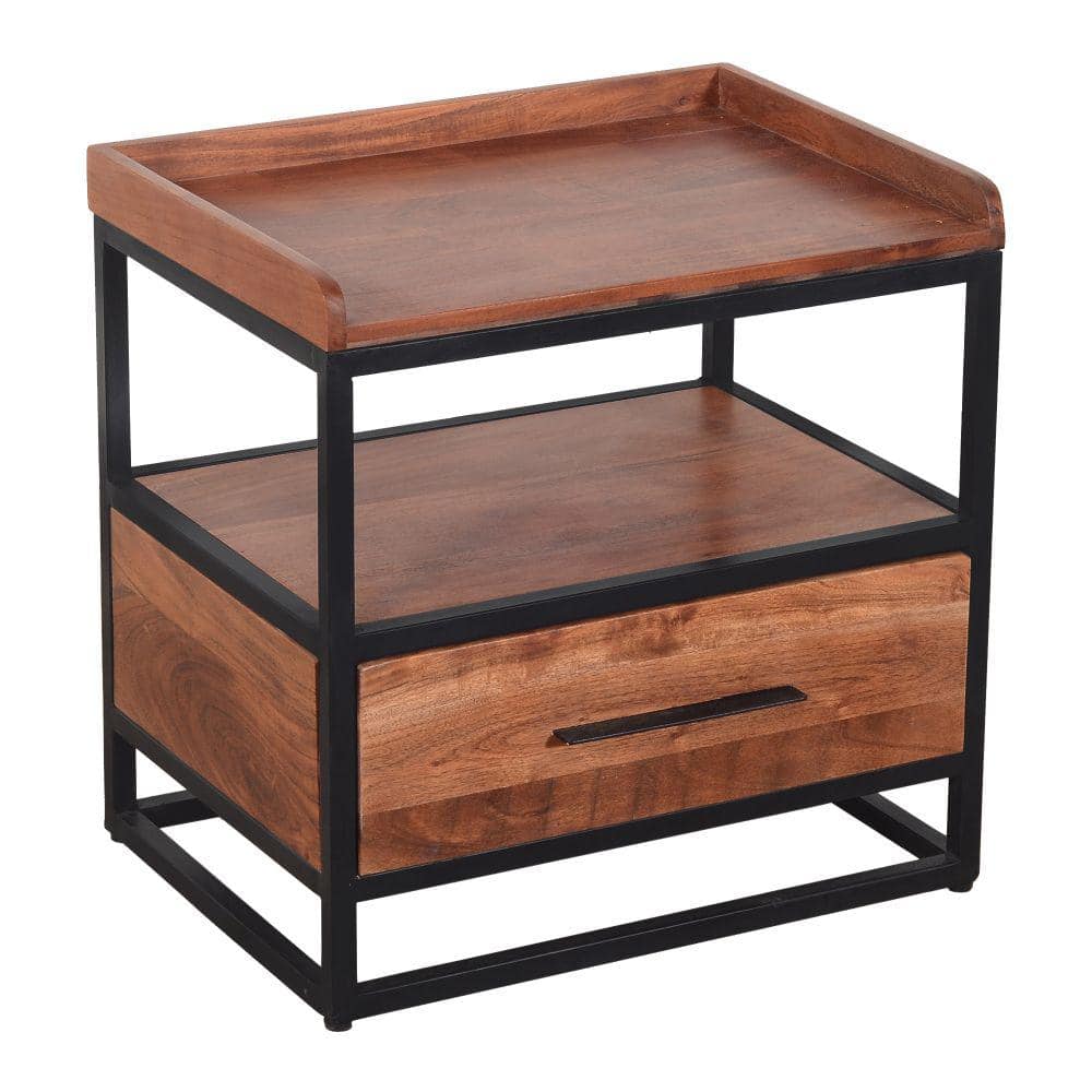 THE URBAN PORT Brown and Black Handcrafted Industrial Metal End Table with Wooden Drawer