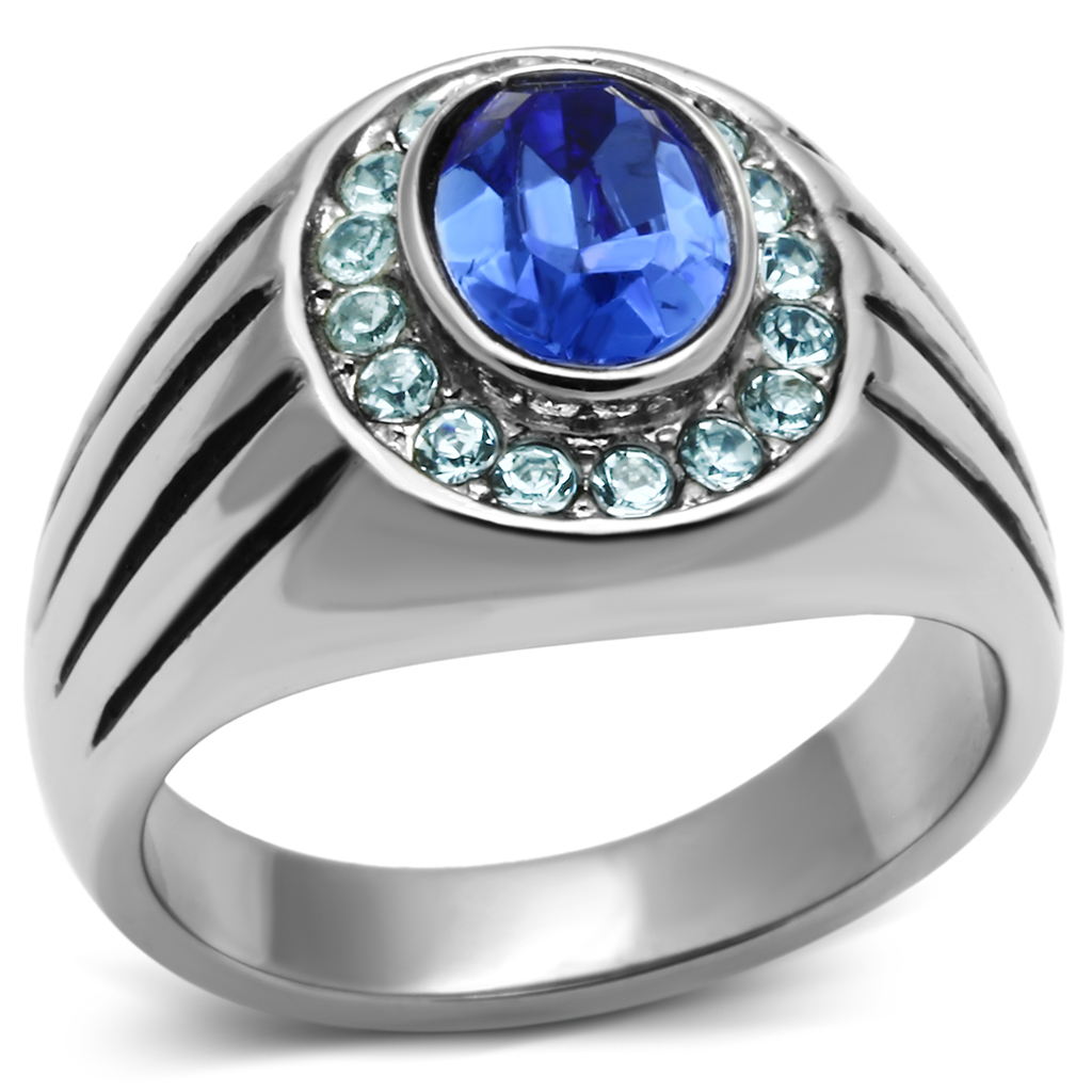 TK601-12 Men High Polished Stainless Steel Ring with Top Grade Crystal in Sapphire - Size 12
