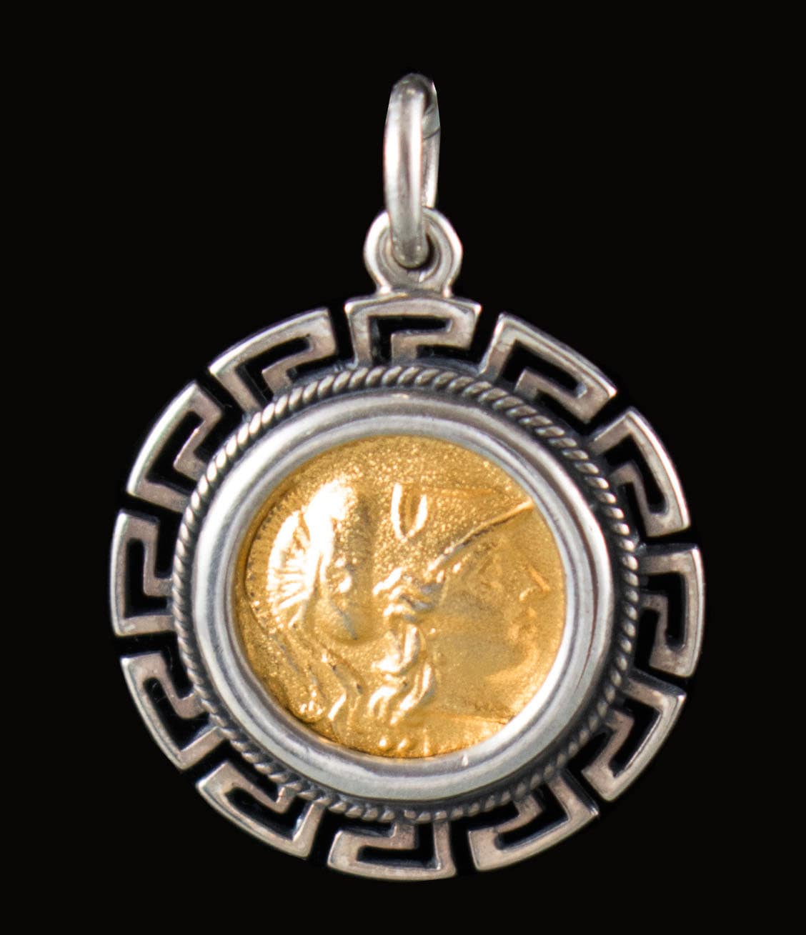 Goddess Athena, Handcrafted, Gold Plated Silver, Coin Pendant in A Meander Frame-Excellent Quality Copy-Ancient Greece