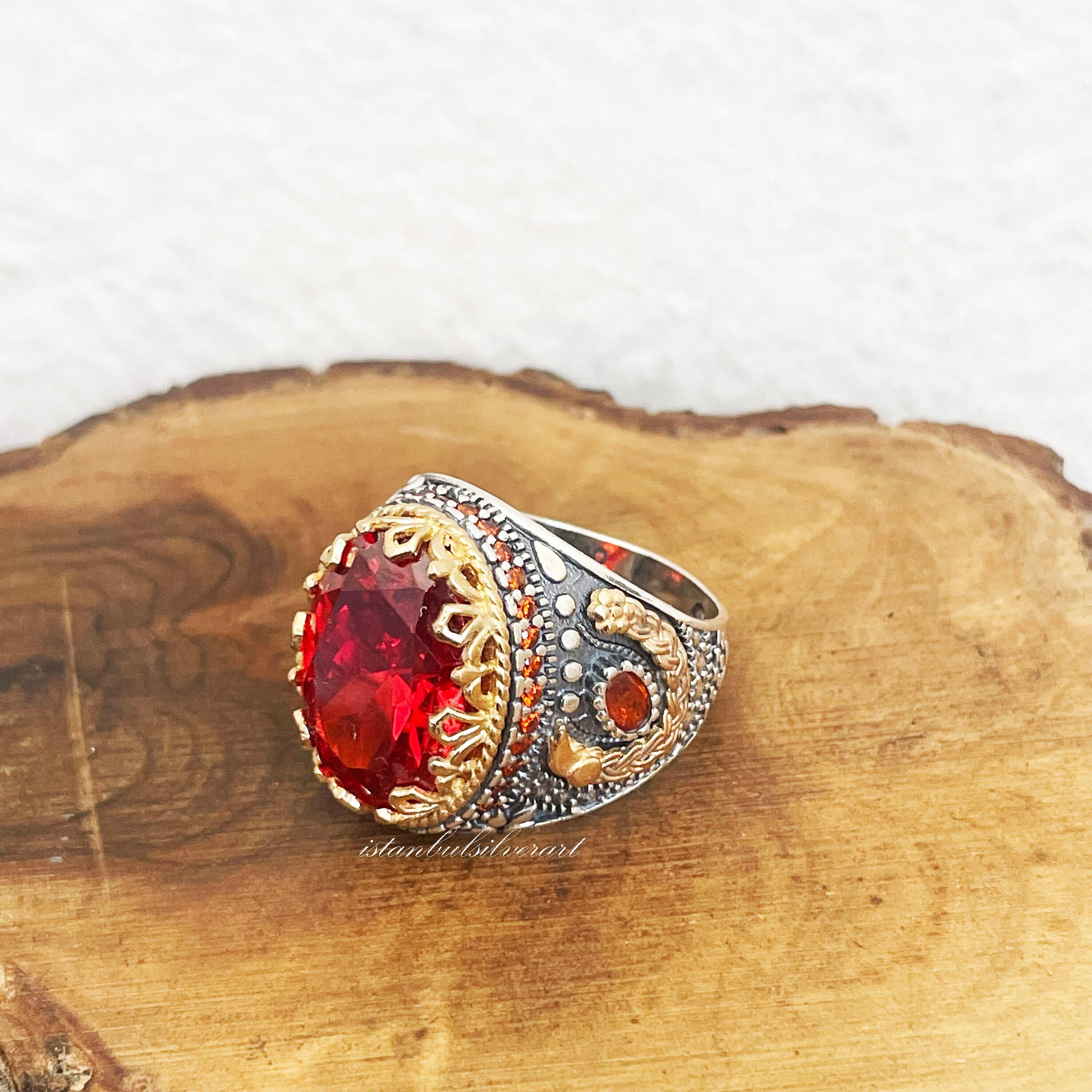 Mens Handmade Ring, Turkish Silver Men Ottoman Ruby Stone, Zircon, Gift For Him, Yemen 925K Sterling