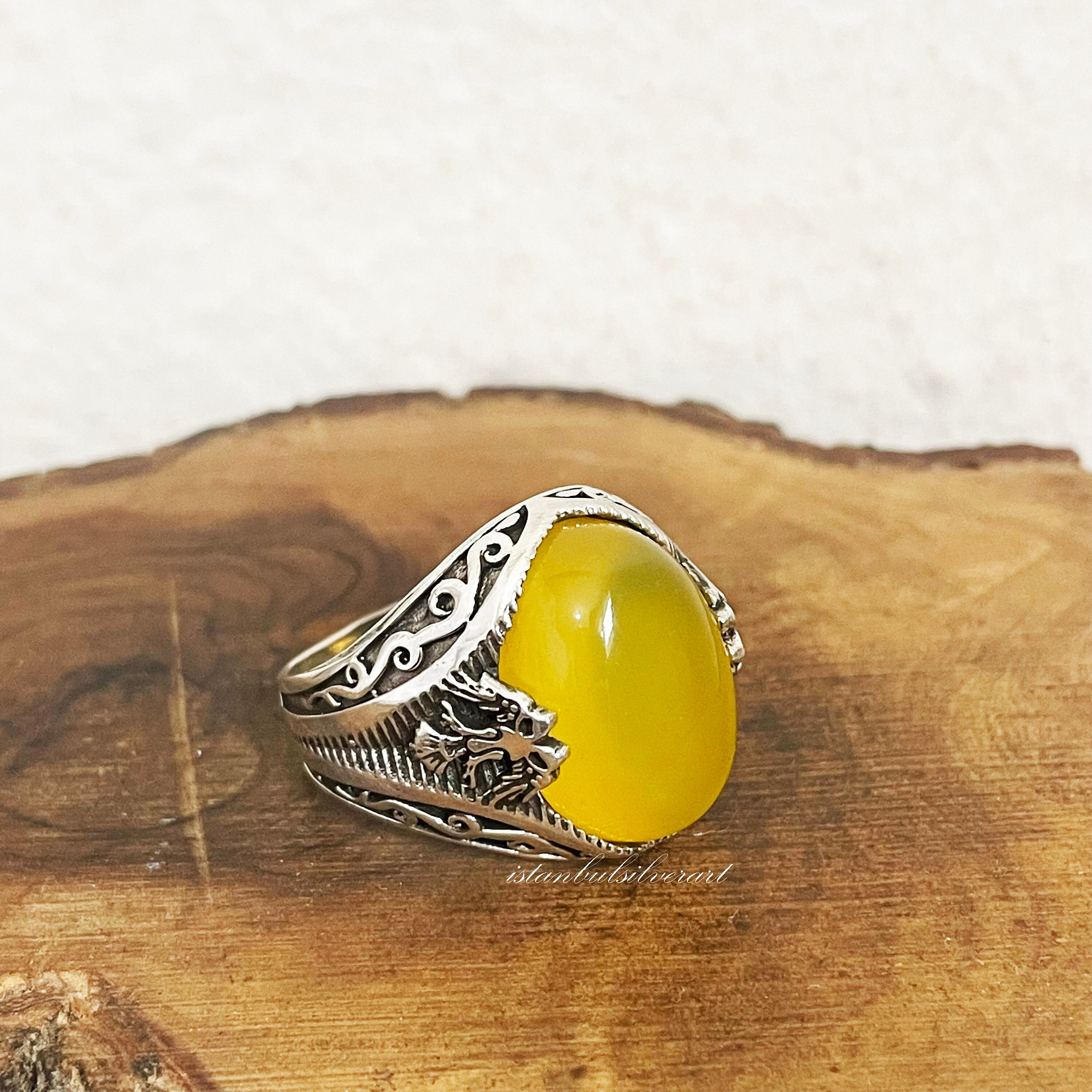 Mens Handmade Ring, Turkish Silver Men Ottoman Yellow Agate, Natural Stone, Gift For Him, 925 Sterling Ring