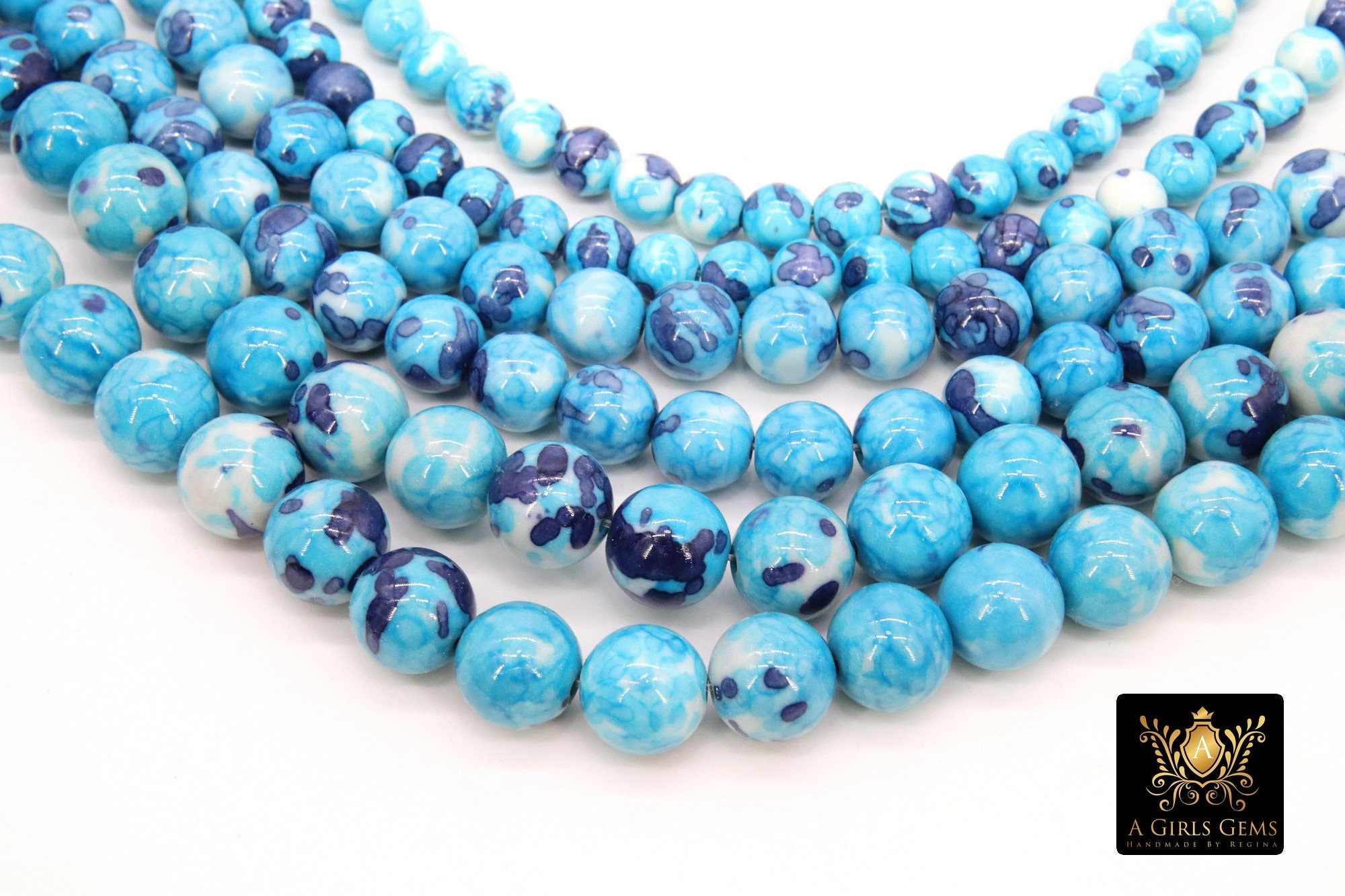 Smooth Round Ocean Blue Beads, Navy & White Jewelry Beads Bs #101, Sizes in 6mm 8 10 15.5 Inch Strands