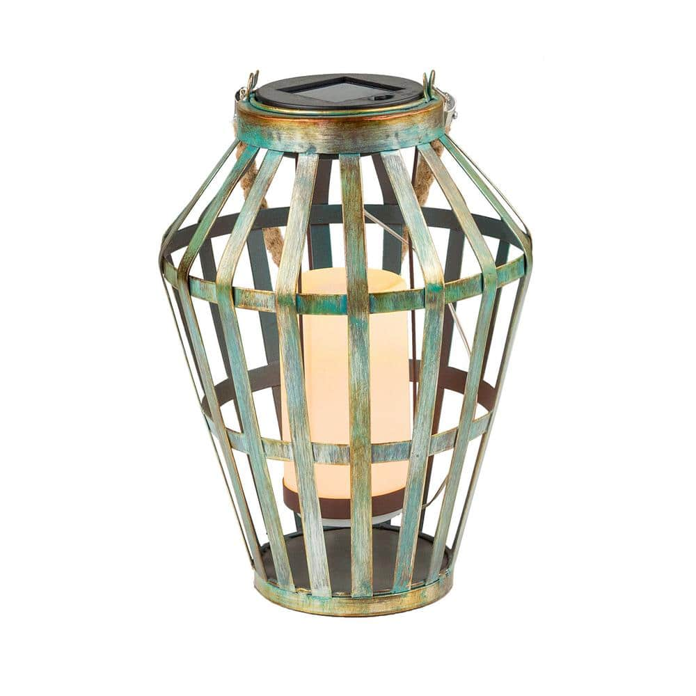 10 in. Tall Outdoor Rustic Solar Powered Metal Lantern with Flickering LED Lights, Gray