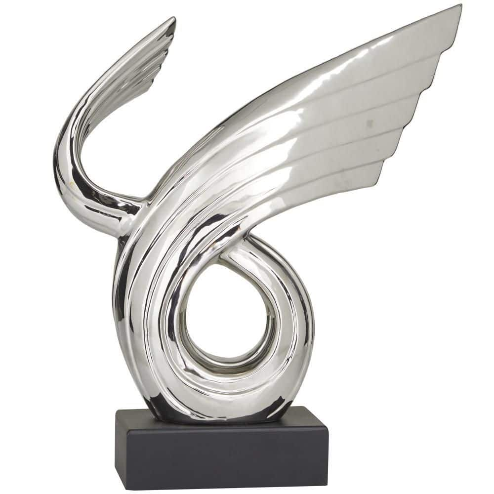 5 in. x 15 in. Silver Porcelain Wing Abstract Sculpture with Black Base