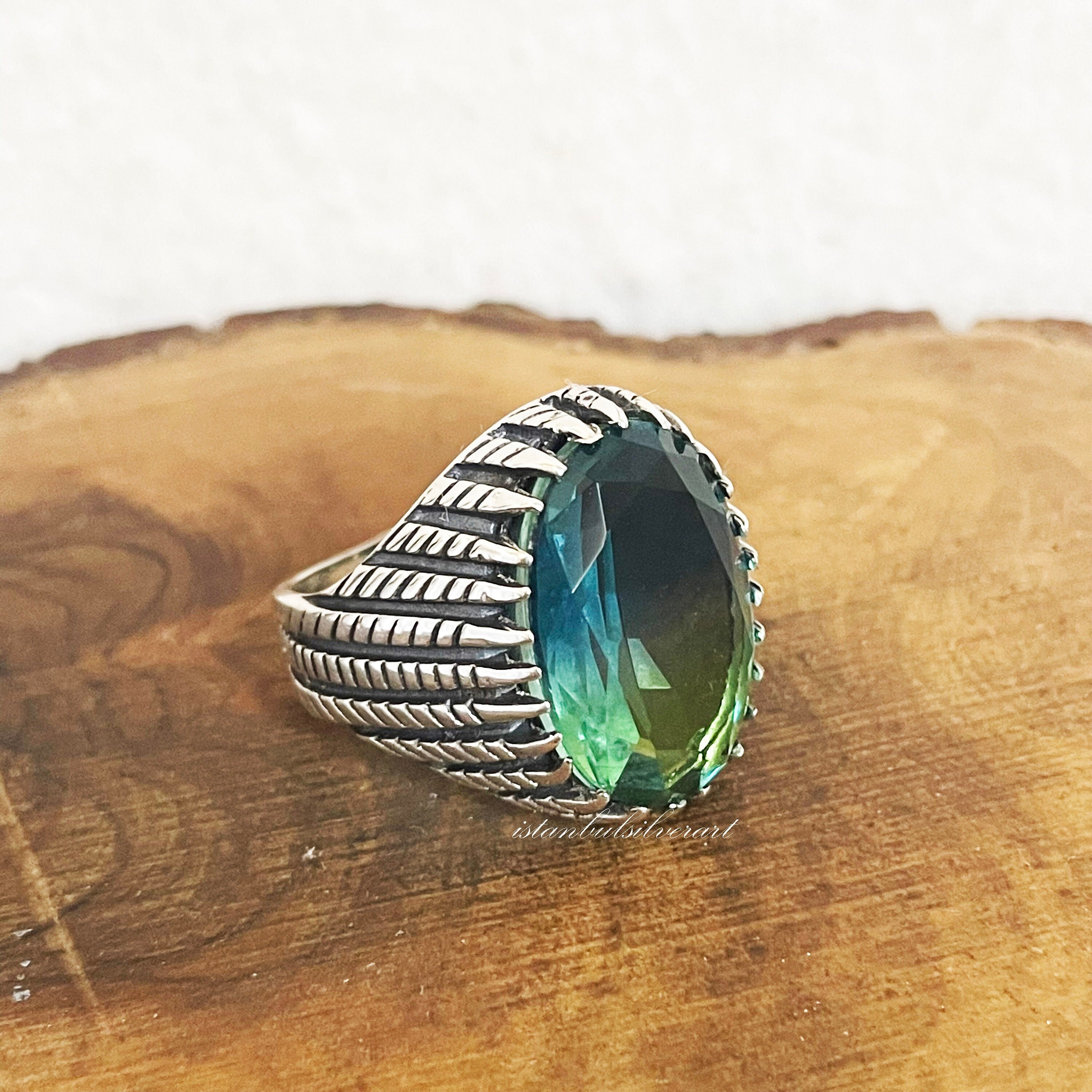 Mens Handmade Ring, Turkish Silver Men Ottoman Tourmaline Gift For Him, 925K Sterling Ring