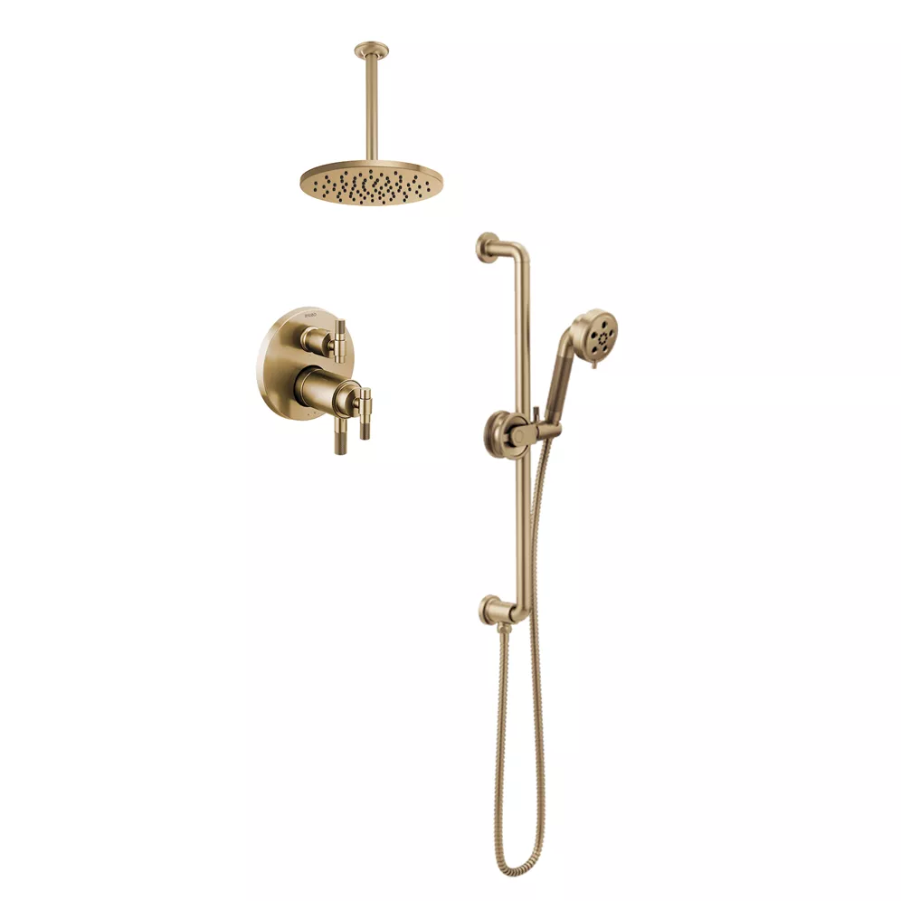 Brizo Litze Shower Set with 4-Function Wall Mounted Showerhead, 12" Ceiling mounted showerhead and handheld in Luxe Gold