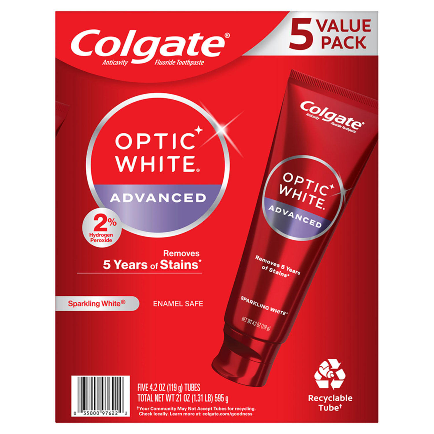 Colgate Optic White Advanced Teeth Whitening Toothpaste, Sparkling White, 4.2 oz., 5 pk.
