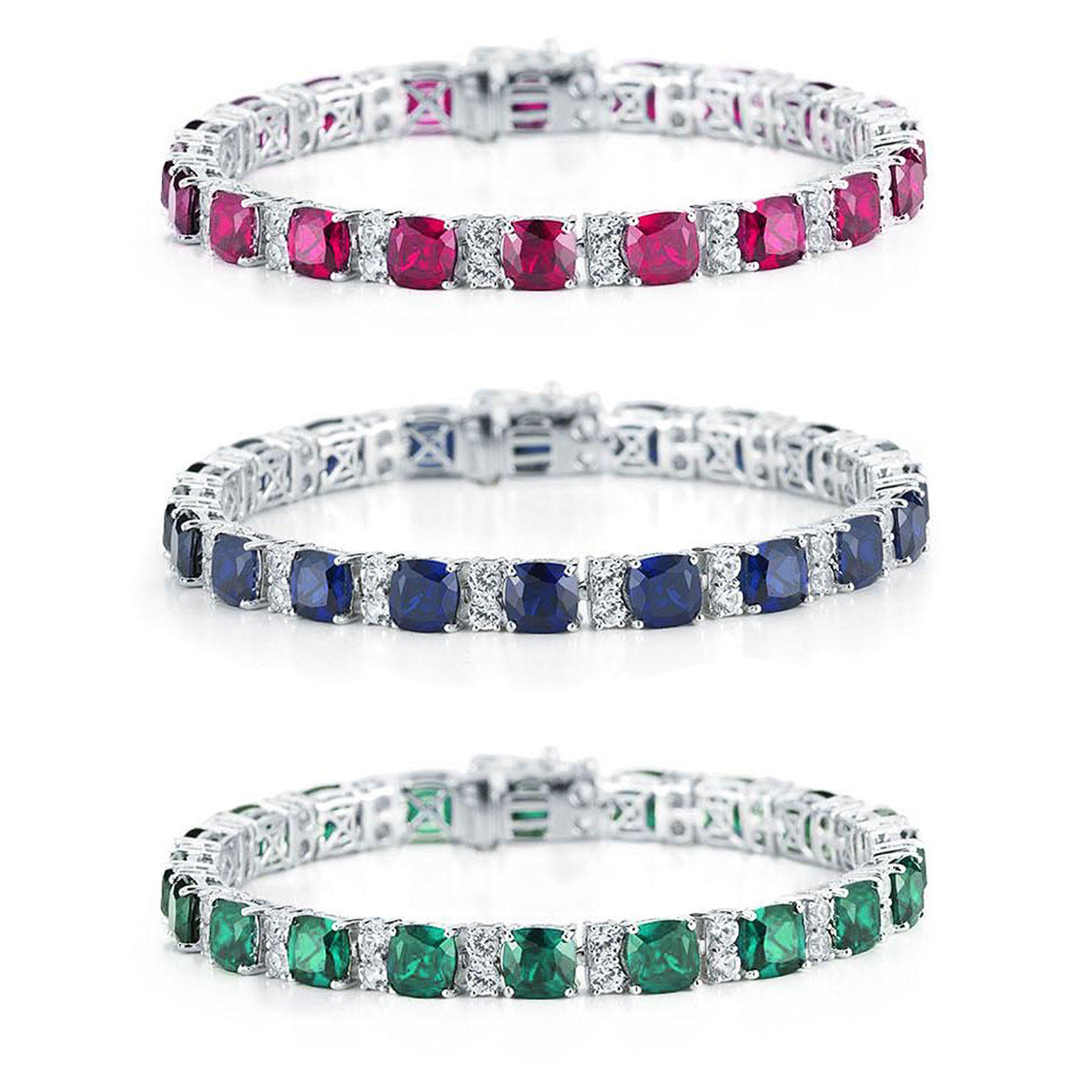 Cushion Cut Lab Created Gemstone and White Sapphire Bracelet in Sterling Silver:- Blue Sapphire