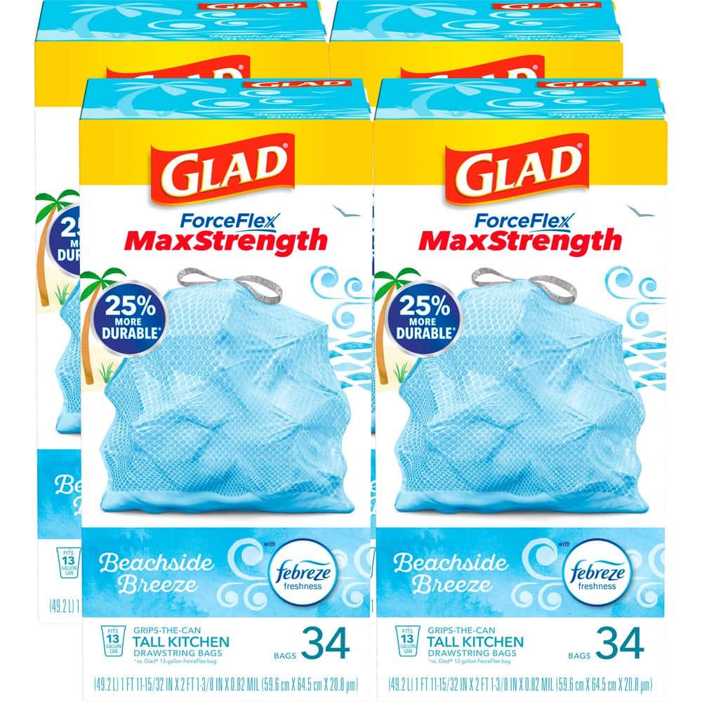 Force Flex MaxStrength Tall Kitchen DS Trash Bags, 13 Gal., Beachside Breeze with Febreze Freshness, 34 Ct (4-Pack)