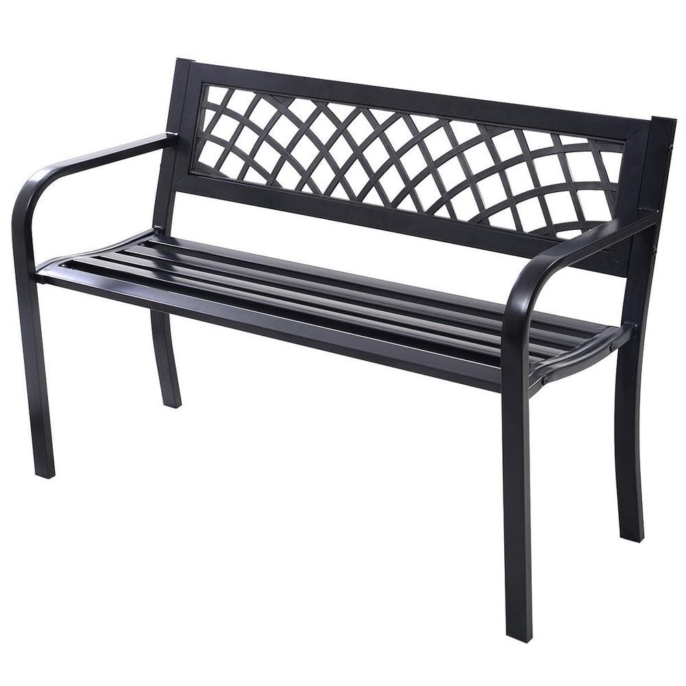 2-Person Black Metal Outdoor Bench with Back and Arms Modern Weighted Chair