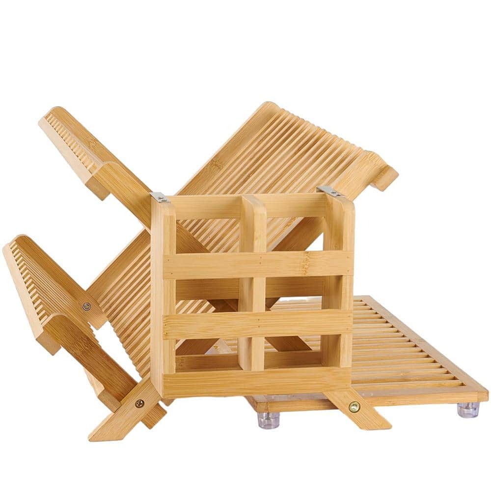 3-Tier Bamboo Collapsible Dish Rack, Dish Drying Rack with Utensil Holder for Kitchen Counter