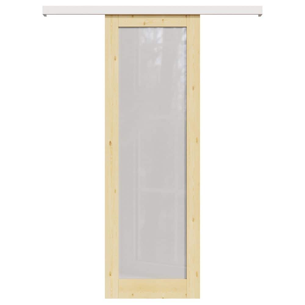 32 in. x 80 in. Hidden Track Style 1-Lite Frosted Glass Unfinished Glass Sliding Barn Door with Hardware Kit