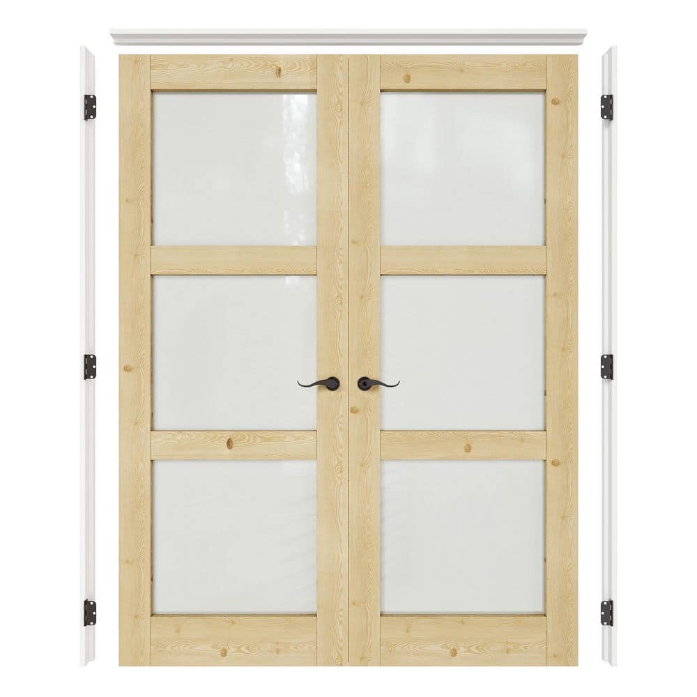 56 in. x 80 in. Universal 3-Lite Frosted Glass Unfinished Pine Wood Double Prehung French Door with Quick Assemble Jamb