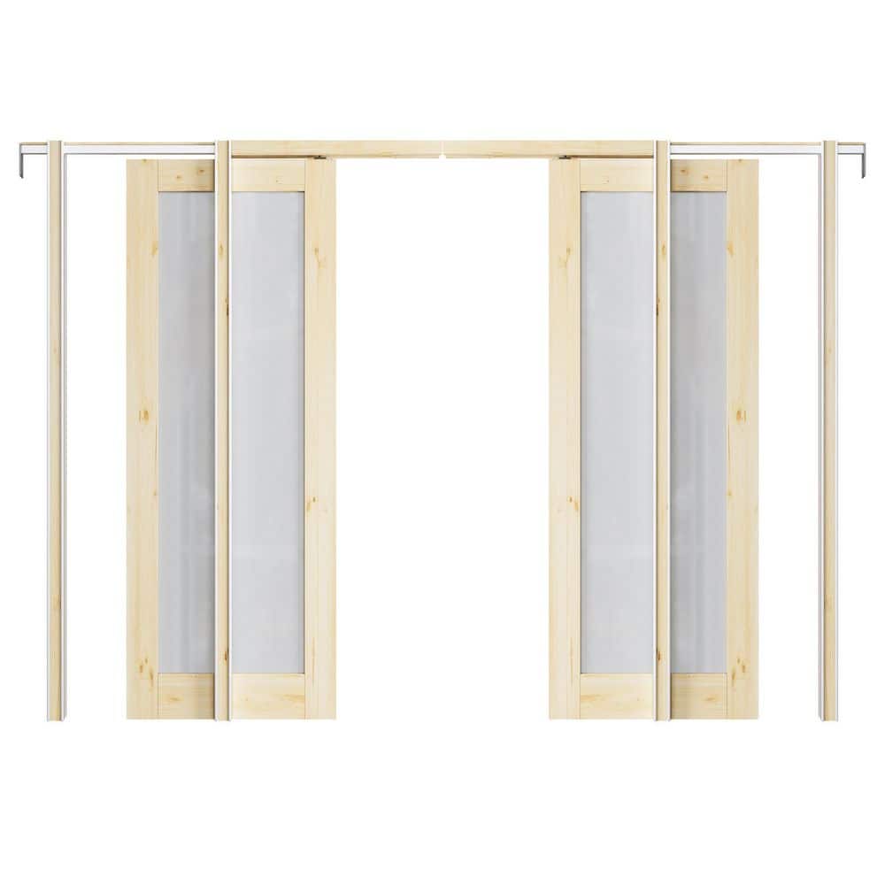 60 in. x 80 in. 1-Lite Frosted Glass Solid Core Pine Wood Unfinished Pocket Sliding Door with Pocket Door Hardware