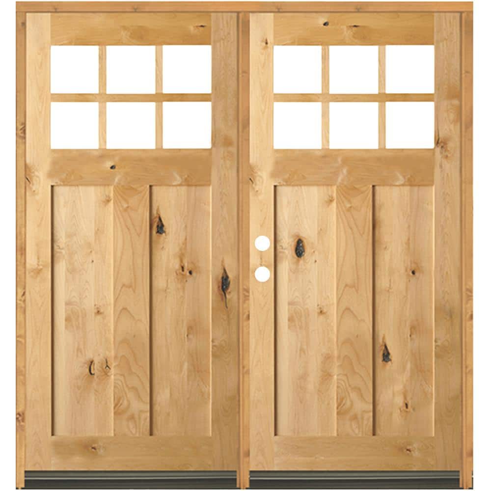64 in. x 80 in. Craftsman Knotty Alder Right-Hand/Inswing Double 6-Lite Clear Glass Clear Stain Wood Prehung Front Door