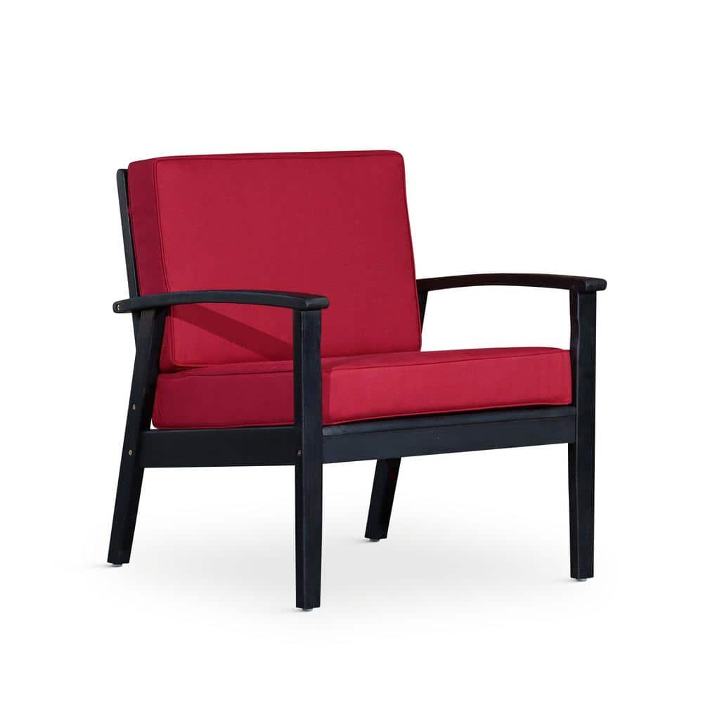 Espresso Deep Seat Eucalyptus Wood Outdoor Lounge Chair with Burgundy Cushions