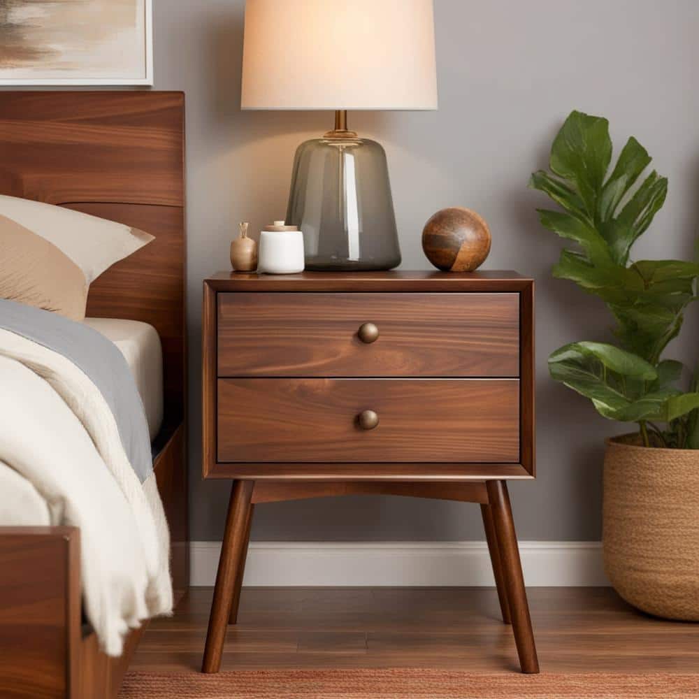 Mid-Century 2-Drawer Solid Wood Walnut Nightstand (2-Pack)