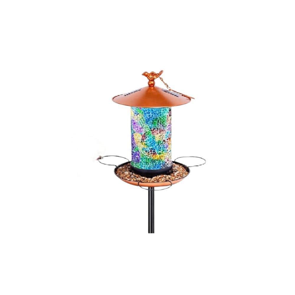 Mosaic Solar Wild Bird Feeder with Pole Kit Waterproof Lantern Design with Adjustable Heavy-Duty Post (1-Pack)