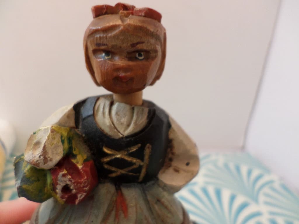 Vintage 40's Folk Art Carved Wood Bobble Head Austrian Girl Napkin Ring