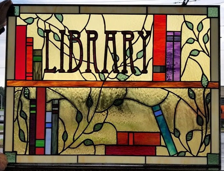 stained Glass Window Panel - W-24 Distinguished Library Books & Vines