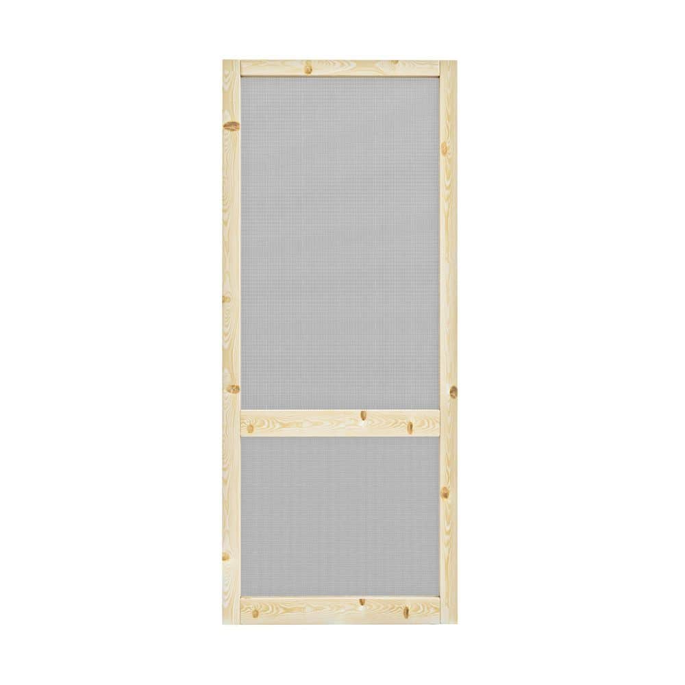 30 in. x 80 in. 2-Lite Single Universal Paneled Railing Style Unfinished Pine Wood and Gauze Mesh Hinged Screen Door