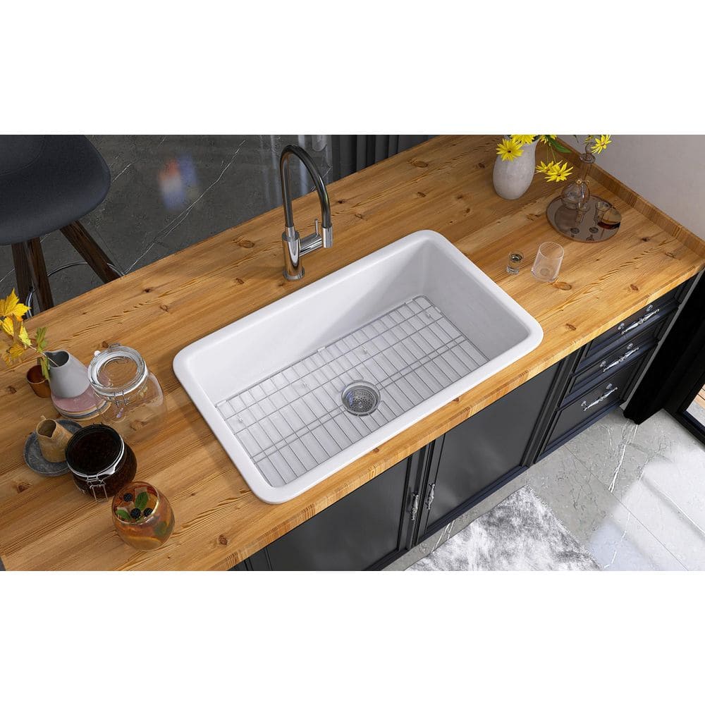 32 in. Drop-In/Undermount Single Bowl White Rectangular Sink Fireclay Center Drain Kitchen Sink with Accessories