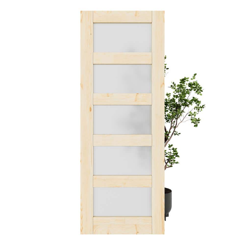 32 in. x 80 in. Unfinished Solid Core Pine Wood 5-Lite Tempered Frosted Glass Interior Door Slab