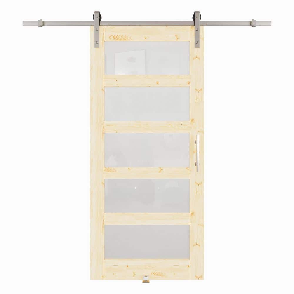 36 in. x 80 in. 5-Lite Frosted Glass Unfinished Pine Wood Sliding Barn Door with Hardware Kit Nickel