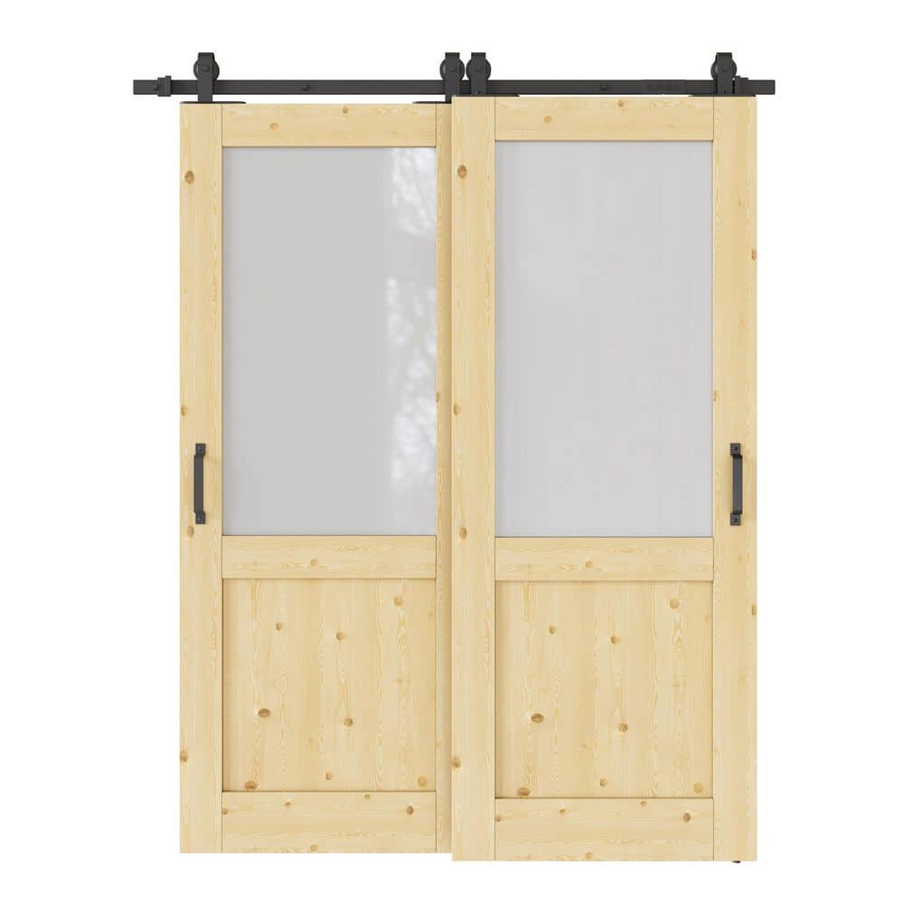 64 in. x 80 in. (Double 32 in. ) 1/2 Lite Frosted Glass Unfinished Pine Wood Sliding Barn Door with Hardware Kit Bypass