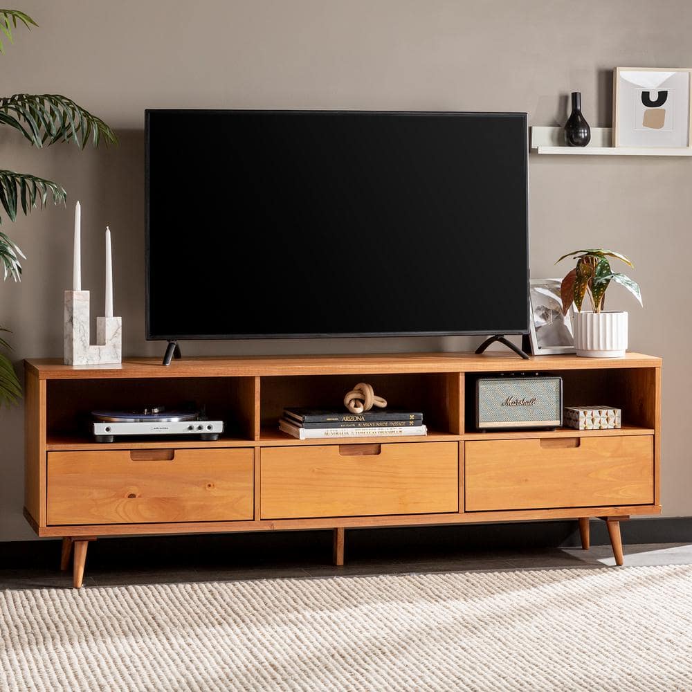 70 in. Boho Modern Caramel Solid Wood TV Stand with 3 Drawers (Max TV Size 80 in.)
