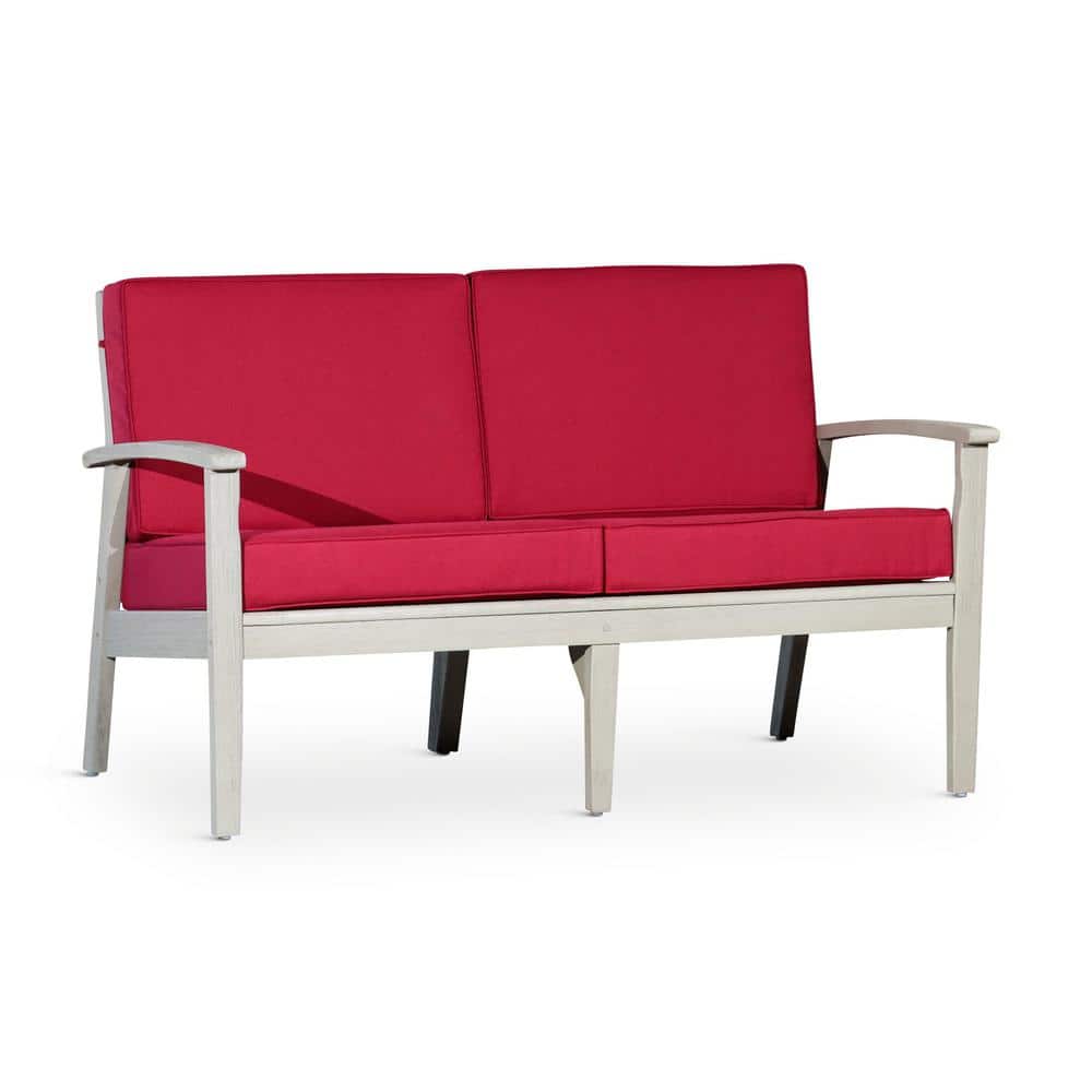 Driftwood Gray Eucalyptus Wood Outdoor Loveseat with Burgundy Cushions