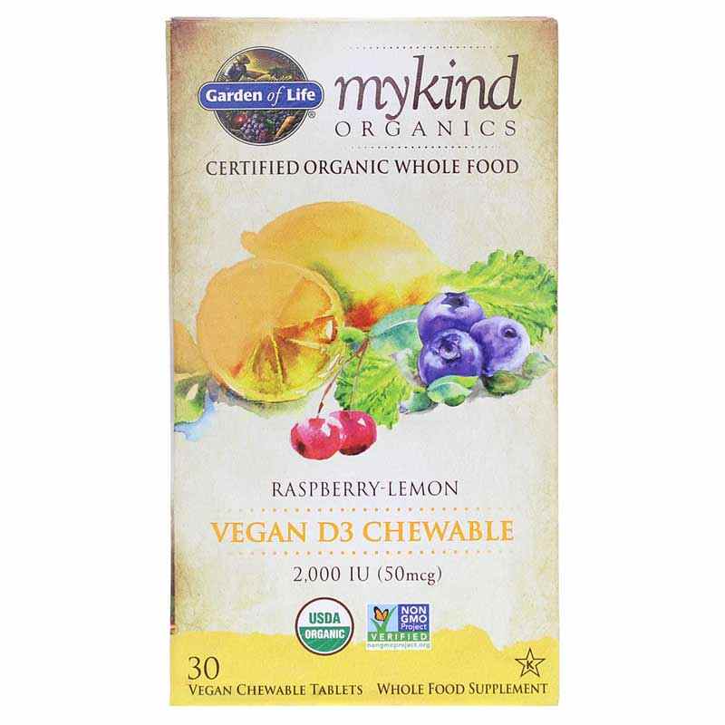 Garden of Life mykind Organics Vegan D3 2,000 IU Organic Chewable Raspberry-Lemon 30 Veg Tablets