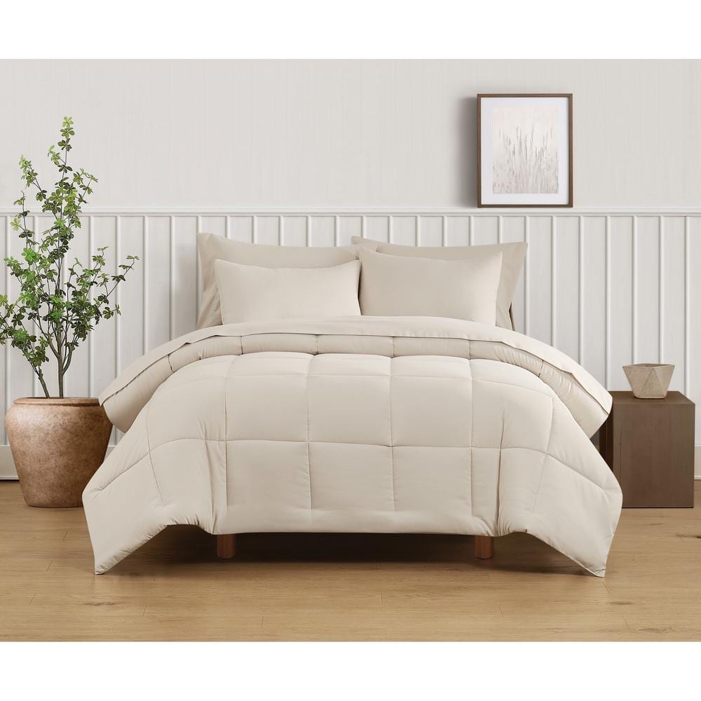 Green Solid Recycled Microfiber Beige King 3 Piece Comforter Set