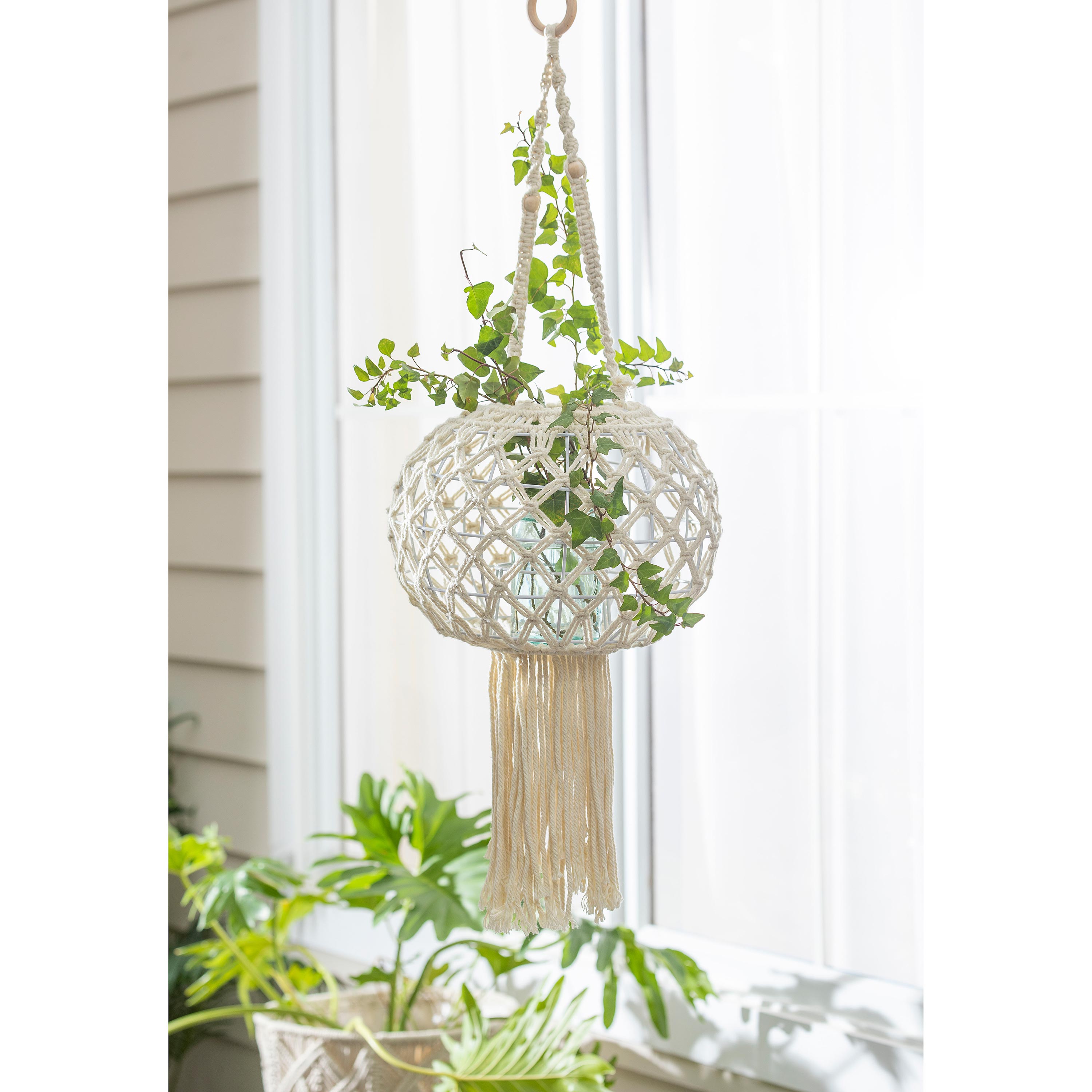 Macrame Large Hanging Globe Plant Cover, Natural