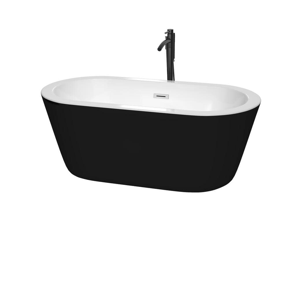 Mermaid 59.75 in. Acrylic Flatbottom Bathtub in Black with Polished Chrome Trim and Matte Black Faucet
