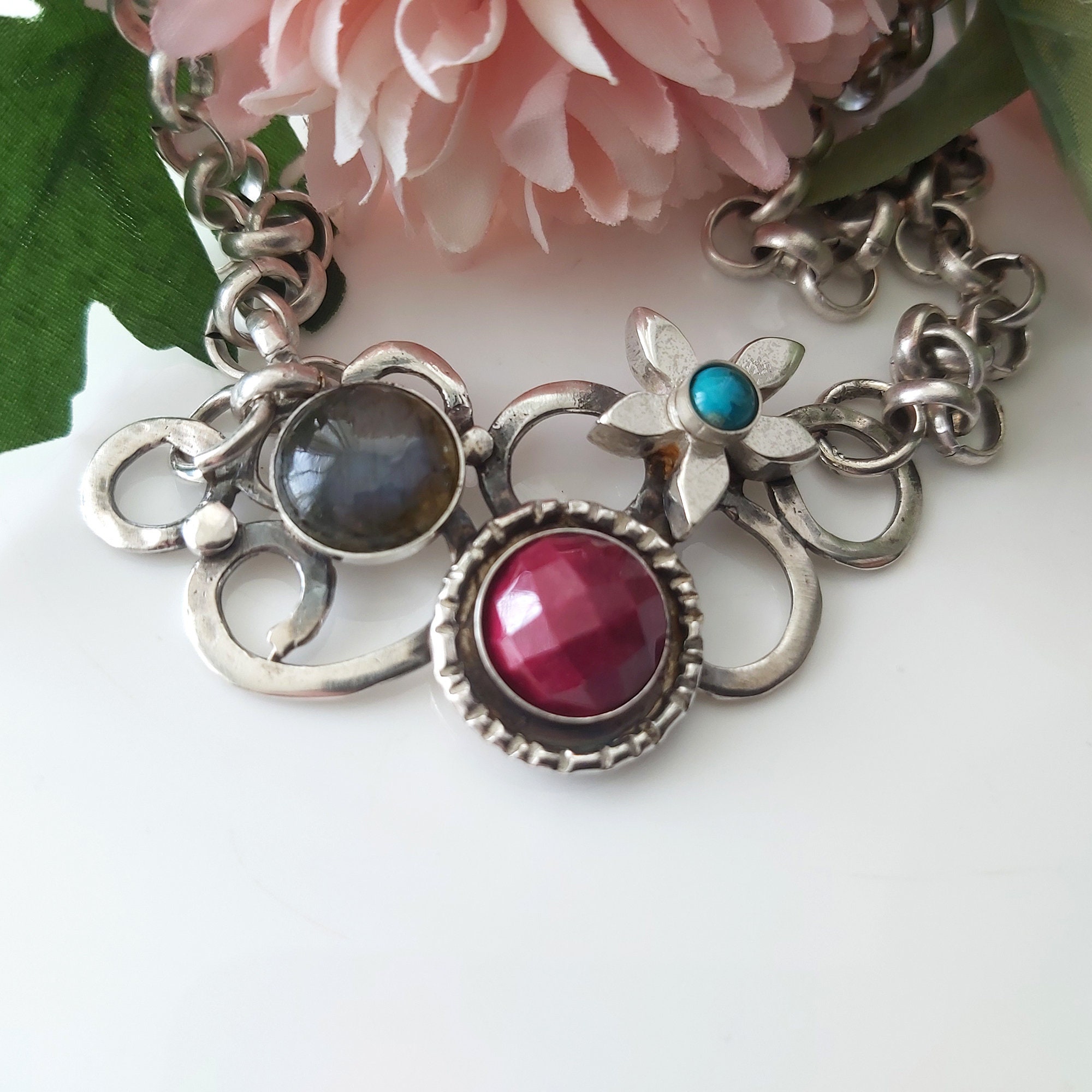 Multi Stone Necklace, Large Pendant, Bold Statement, Sterling Stones, Stones Silver, Boho Style, Artisan Gift For Her