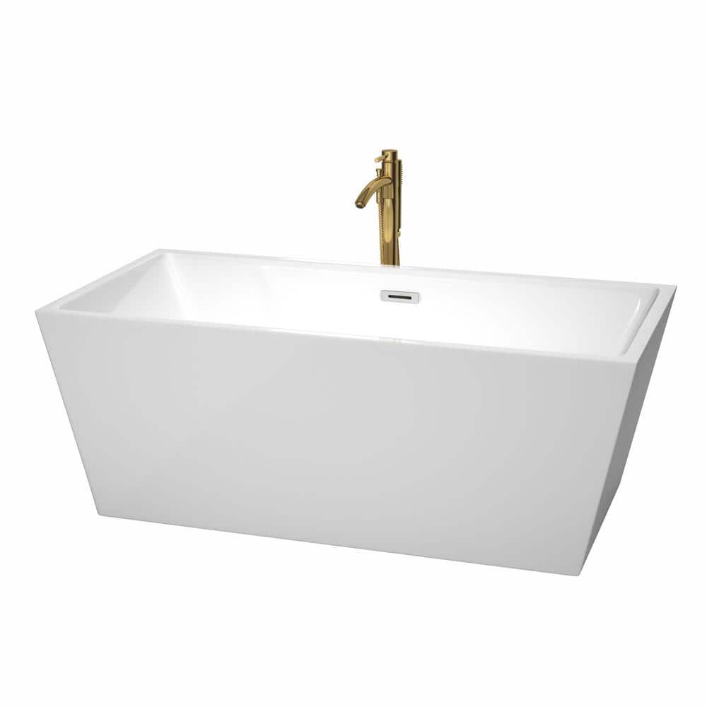 Sara 63 in. Acrylic Flatbottom Bathtub in White with Polished Chrome Trim and Brushed Gold Faucet