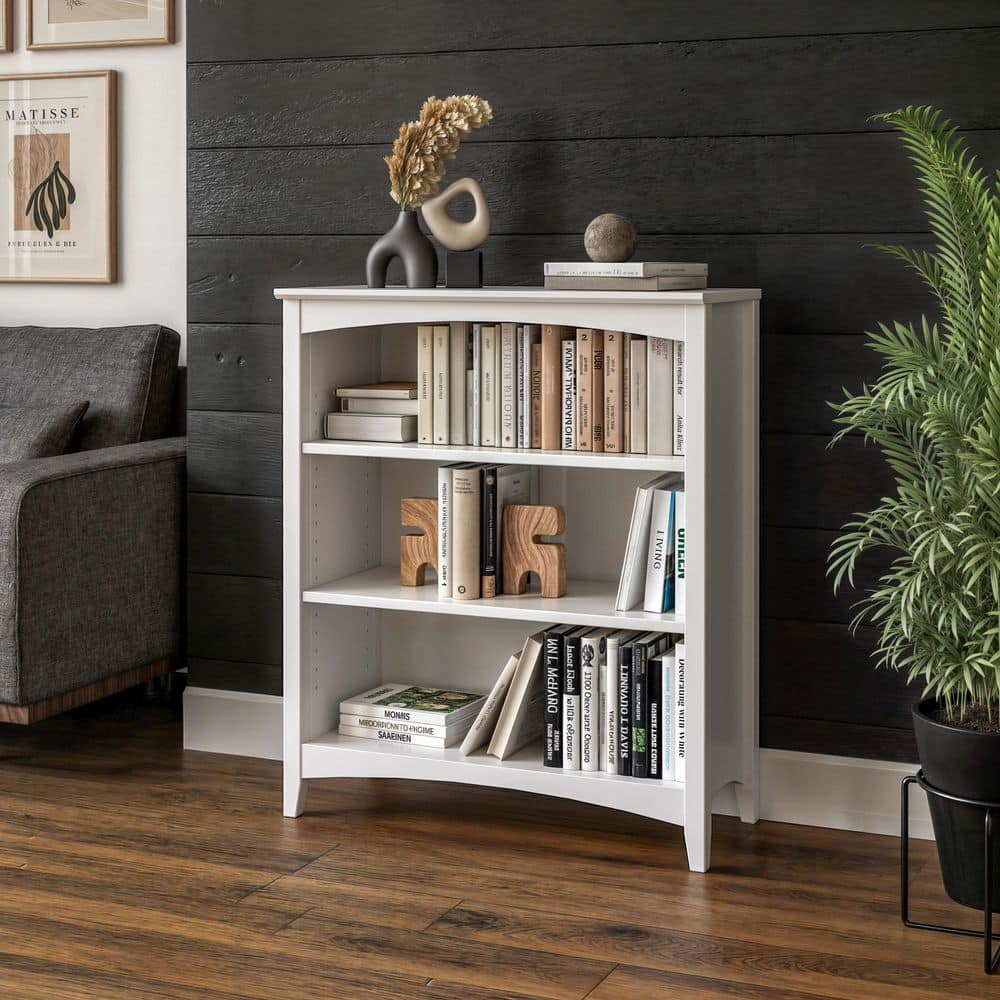 Shaker Style 36 in. White Wood 3-shelf Standard Bookcase with Adjustable Shelves