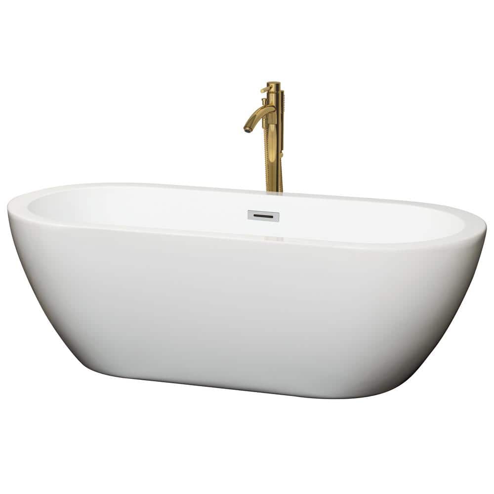 Soho 68 in. Acrylic Flatbottom Bathtub in White with Polished Chrome Trim and Brushed Gold Faucet
