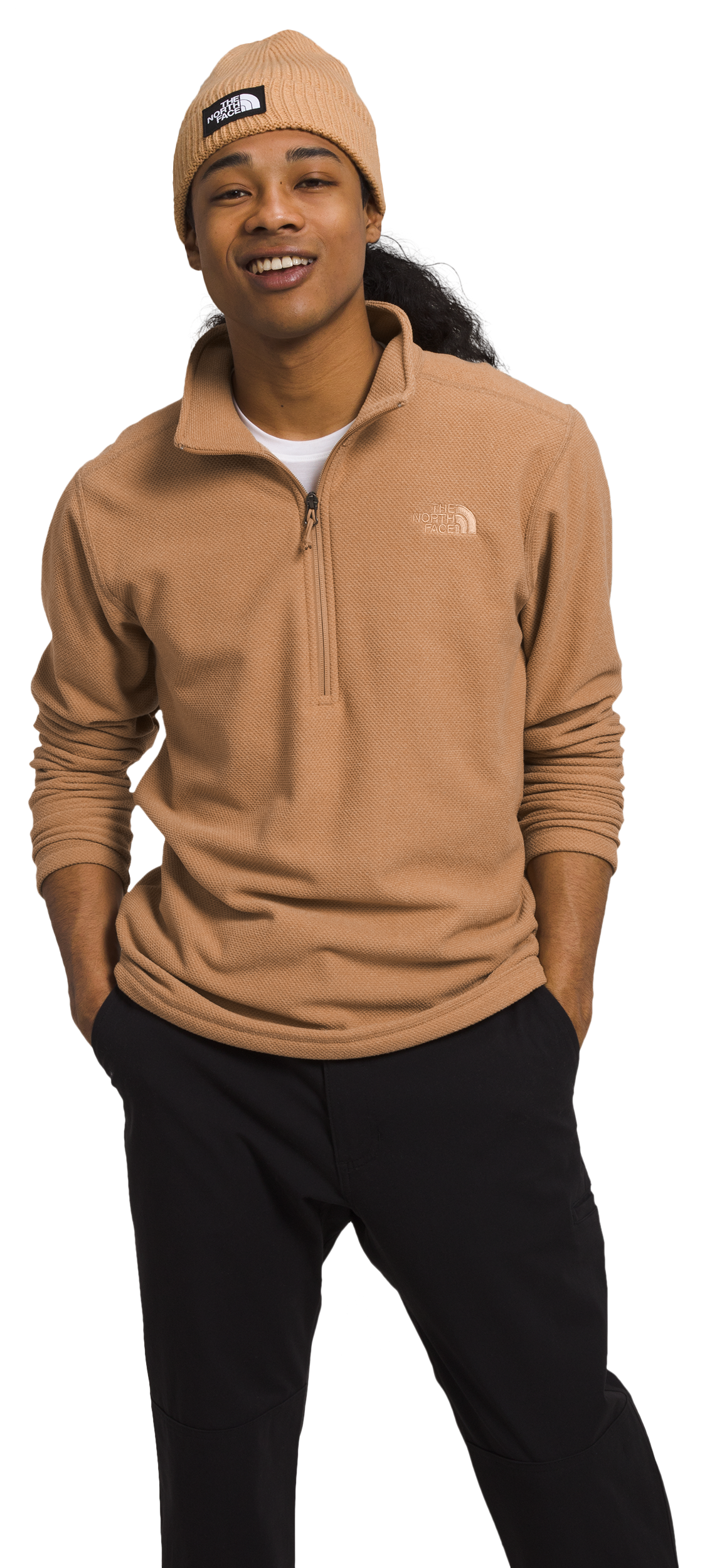 The North Face Textured Cap Rock Quarter-Zip Long-Sleeve Fleece Pullover for Men - Almond Butter - S