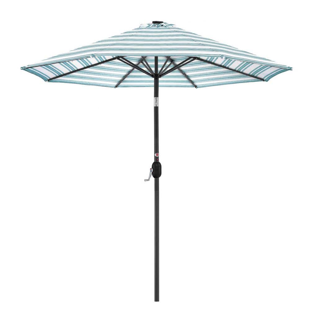10 ft. Steel Market Solar Patio Umbrella in Striped Sky Blue with Push Button Tilt
