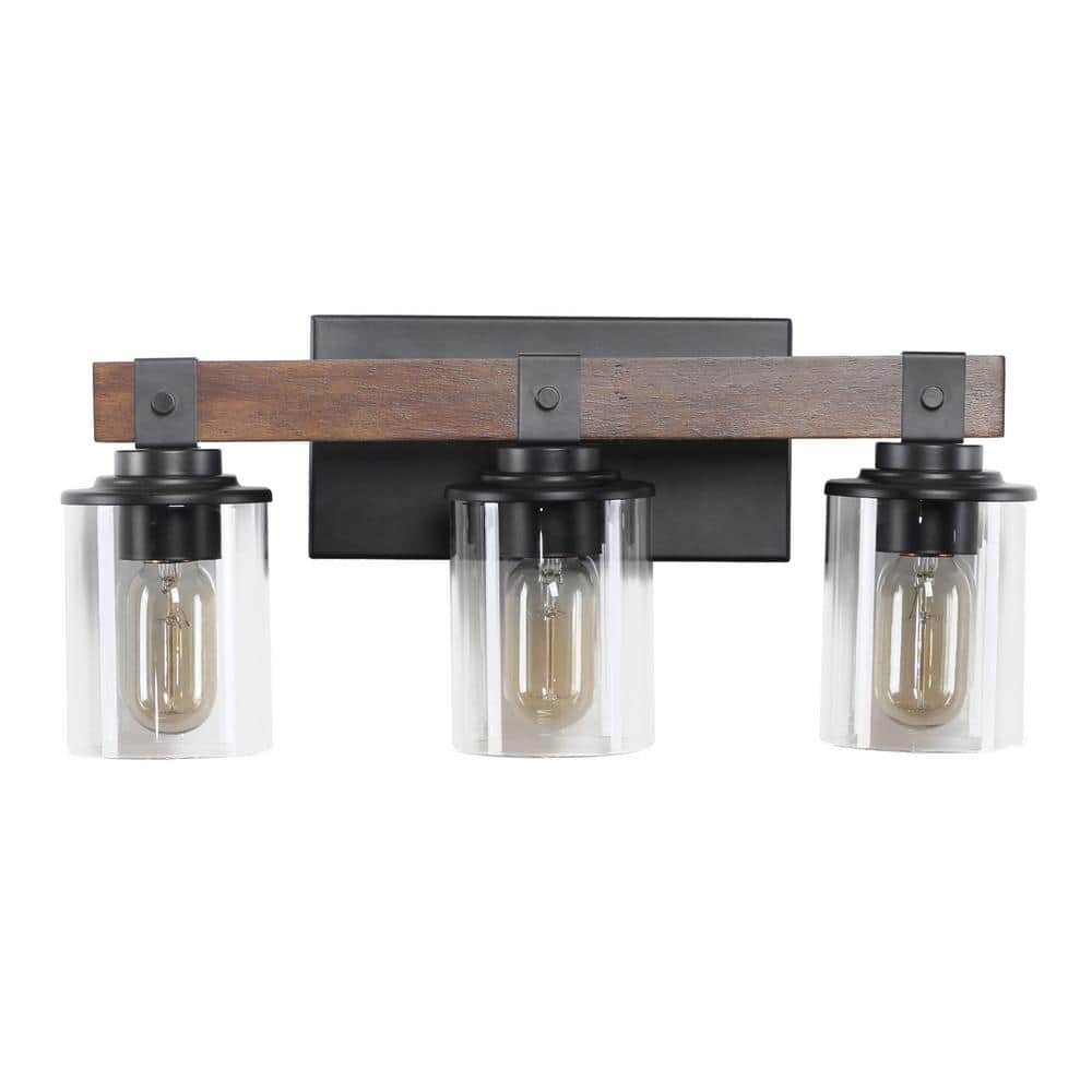 18.5 in. 3-Lights Walnut and Black Vanity Lights Fixture Rustic Bathroom Light Fixture Bathroom Sconce (Without Bulbs)