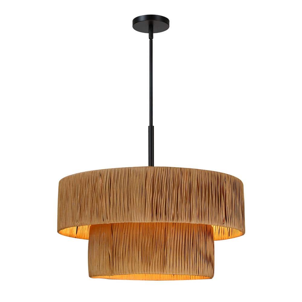 24 in. 5-light 2-Tier Black Hand-Woven Natural Paper Chandelier for Living Room Dining Room with No Bulb Included