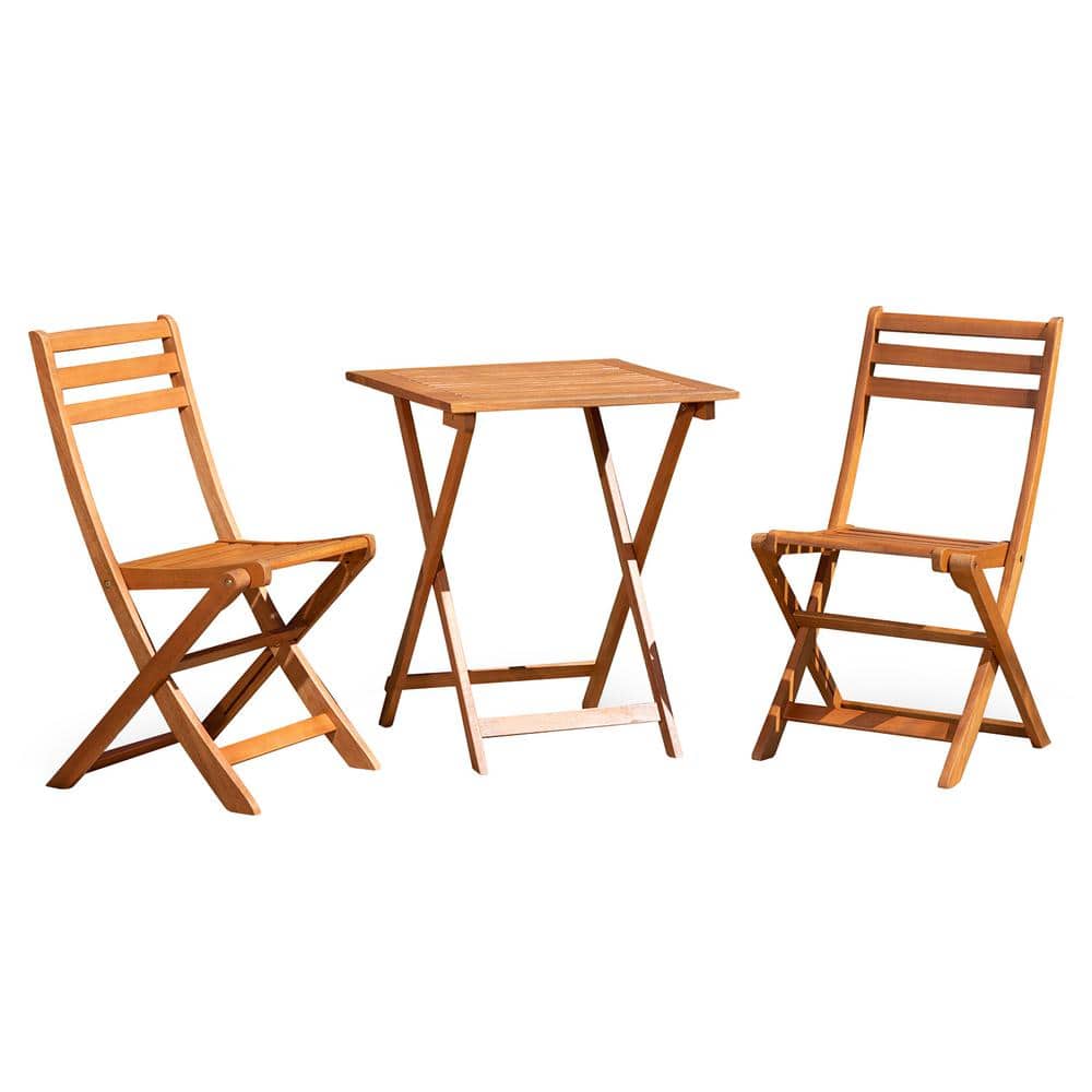 3-Piece Natural Wood Square Eucalyptus Outdoor Bistro Set